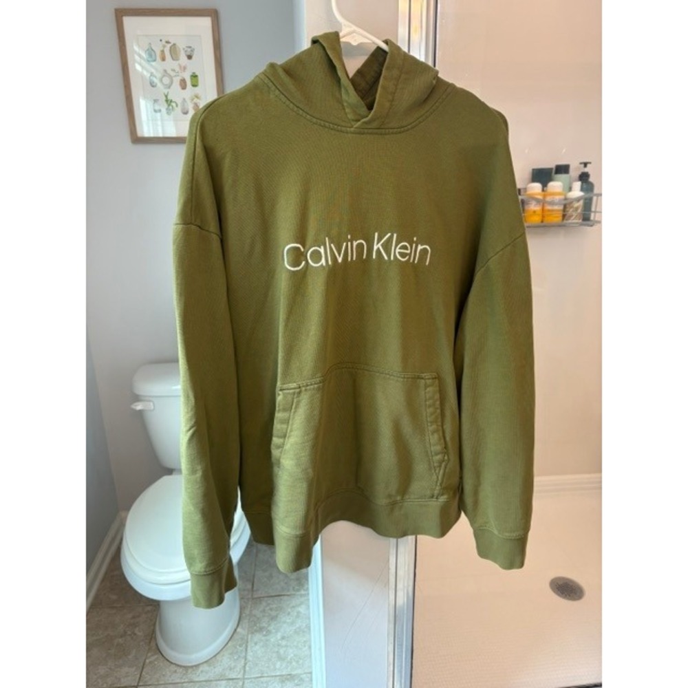 Calvin Klein Relaxed Fit Hoodie Mens Medium Olive Green Cotton French Terry Logo
